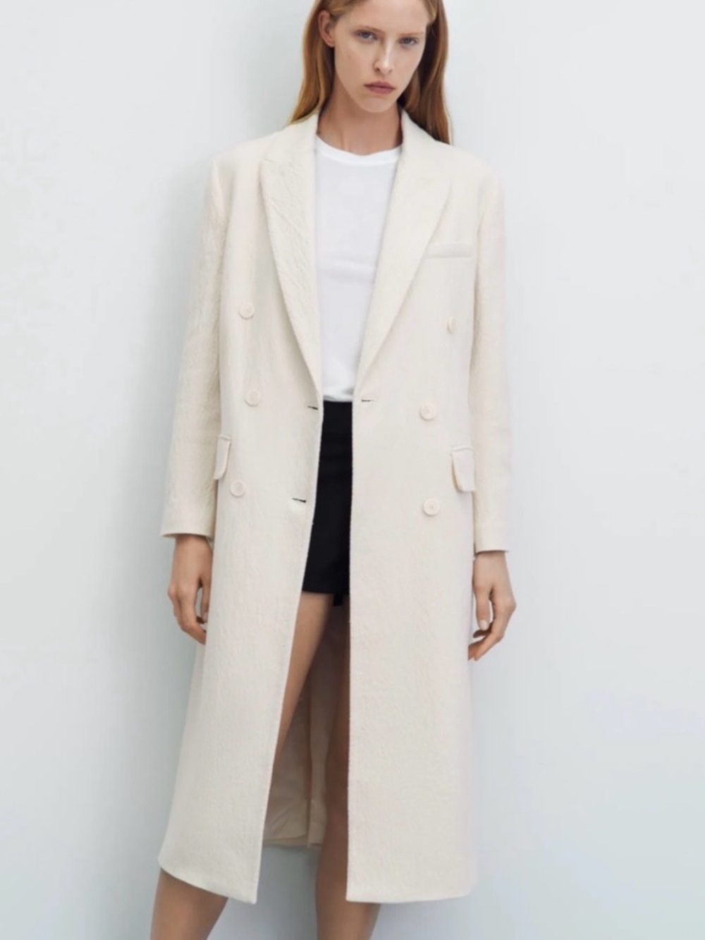 Zara NWT Ivory Textured Double-Breasted Tailored Midi Coat|Elegant Long Overcoat